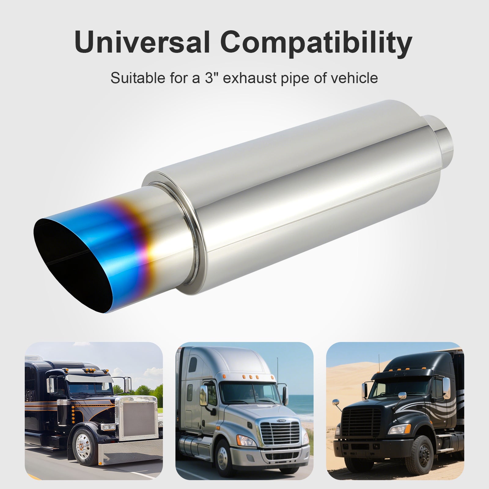 Cannon-Style Stainless Performance Muffler – Burnt-Blue Titanium-Look Tip – Universal Fit, 2", 2.25", 2.5", 3" Inlet (B Series)