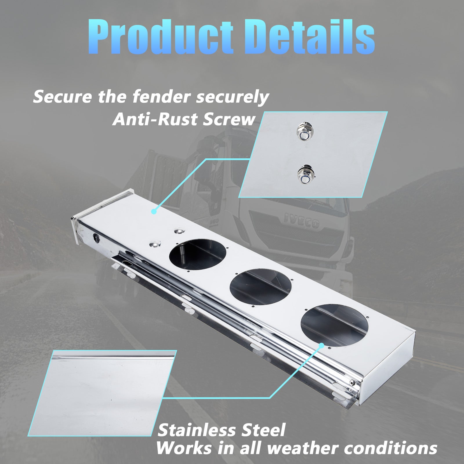 Polished Stainless Mud Flap Bracket Light Housing – 30" with 4" Round Cutouts – Pair