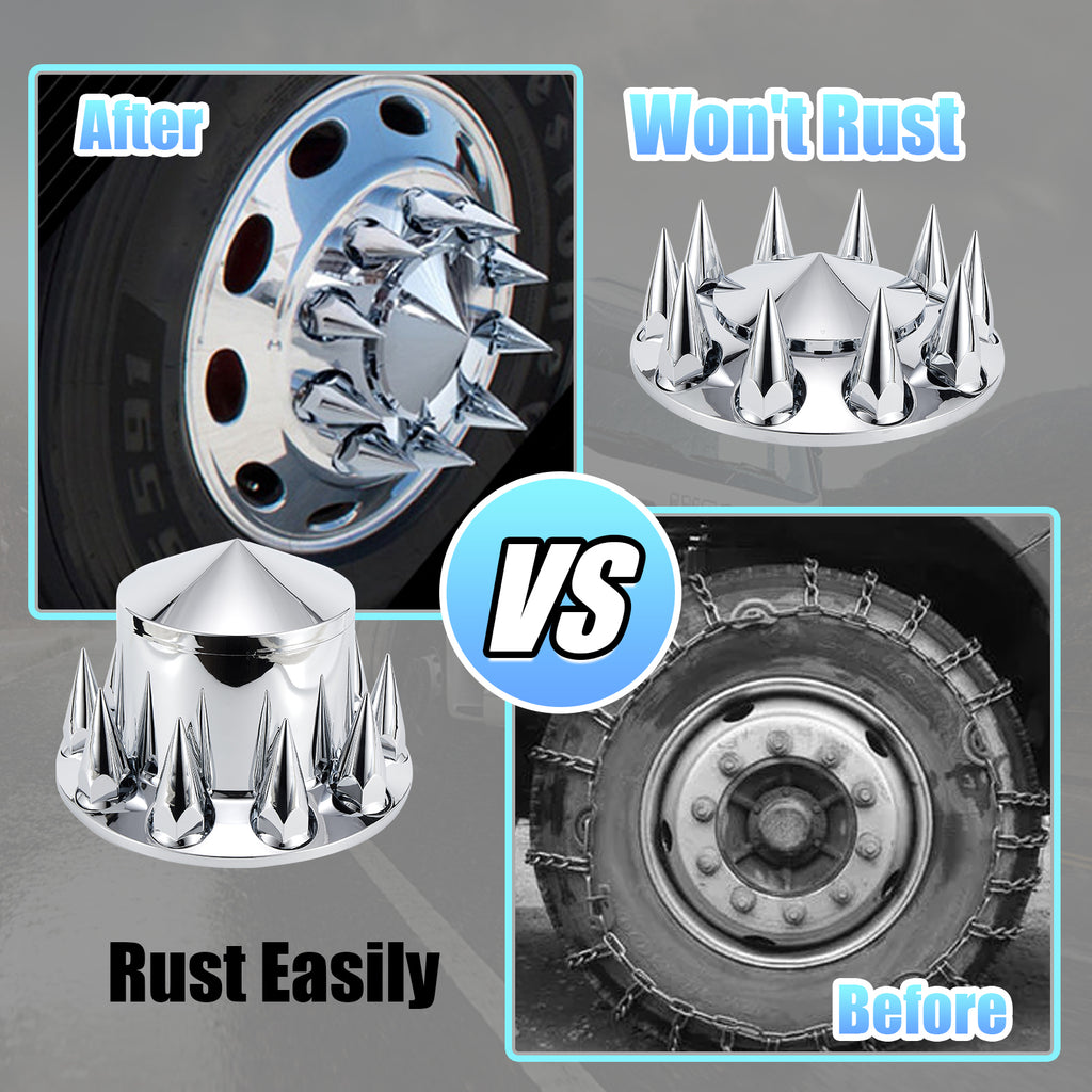 Chrome Spiked Complete Wheel Hub Cover Kit for Semi Trucks – 2 Front + 4 Rear Axle Covers + 60× 33 mm Push-On Nut Covers + Install Tool (PL-03-PUSH-WH)