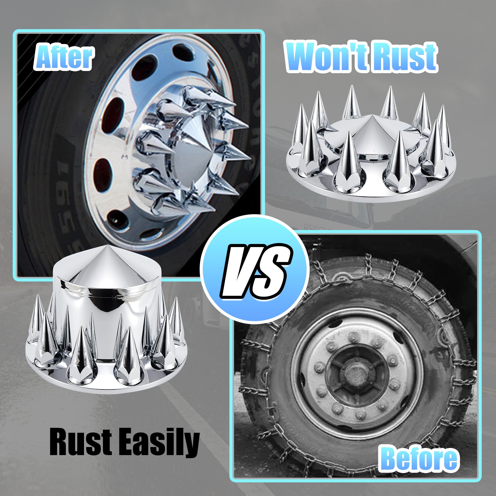Chrome Spiked Complete Wheel Hub Cover Kit for Semi Trucks – 2 Front + 4 Rear Axle Covers + 60× 33 mm Push-On Nut Covers + Install Tool (PL-03-PUSH-WH)