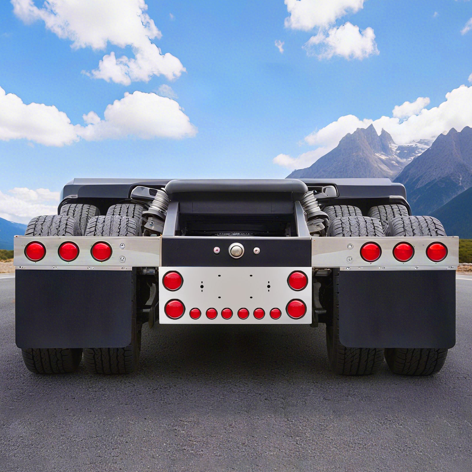 34" Chrome Stainless Steel Rear Center License Plate Panel for Semi Trucks – 4 Large + 7 Small Light Cutouts (PR-9005SS)