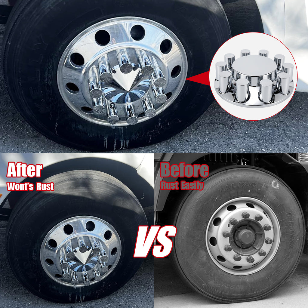 Chrome Smooth-Dome Front Axle Hub Cover Set for Semi Trucks – Push-On, 33 mm Pre-Installed Nut Covers, 2-Piece Kit (PL-05-PUSH-FT)
