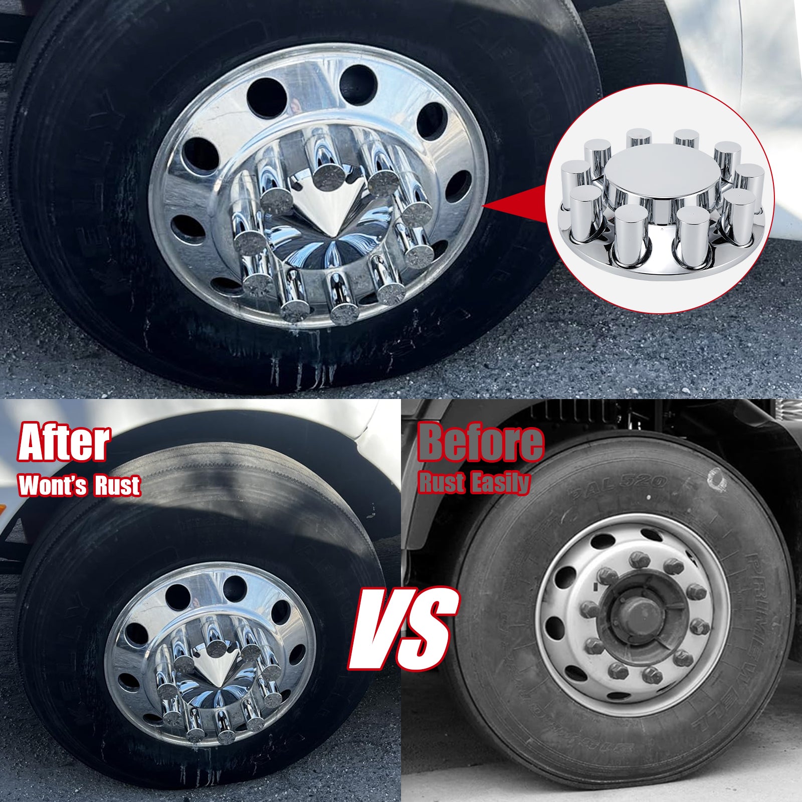 Chrome Smooth-Dome Front Axle Hub Cover Set for Semi Trucks – Push-On, 33 mm Pre-Installed Nut Covers, 2-Piece Kit (PL-05-PUSH-FT)