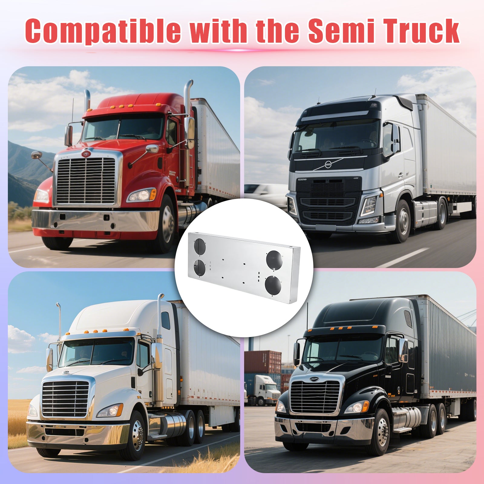 34" Chrome Stainless Steel Rear Center Light Panel for Semi Trucks – 4 Large 4" Corner Lights (PR-9010SS)
