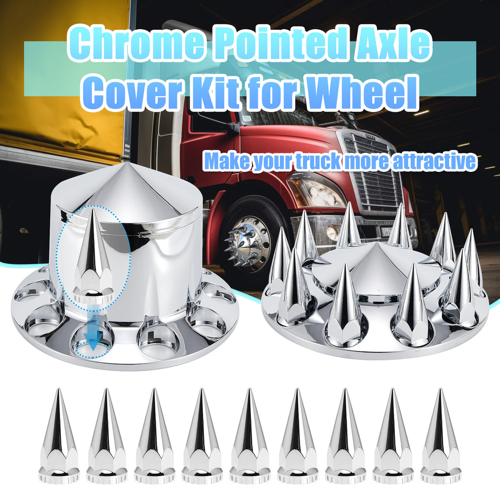 Chrome Spiked Complete Wheel Hub Cover Kit for Semi Trucks – 2 Front + 4 Rear Axle Covers + 60× 33 mm Push-On Nut Covers + Install Tool (PL-03-PUSH-WH)