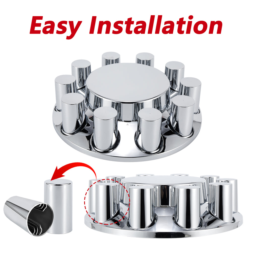 Chrome Smooth-Dome Front Axle Hub Cover Set for Semi Trucks – Push-On, 33 mm Pre-Installed Nut Covers, 2-Piece Kit (PL-05-PUSH-FT)