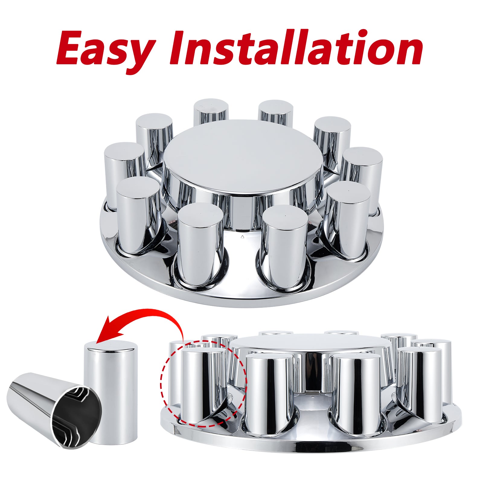 Chrome Smooth-Dome Front Axle Hub Cover Set for Semi Trucks – Push-On, 33 mm Pre-Installed Nut Covers, 2-Piece Kit (PL-05-PUSH-FT)
