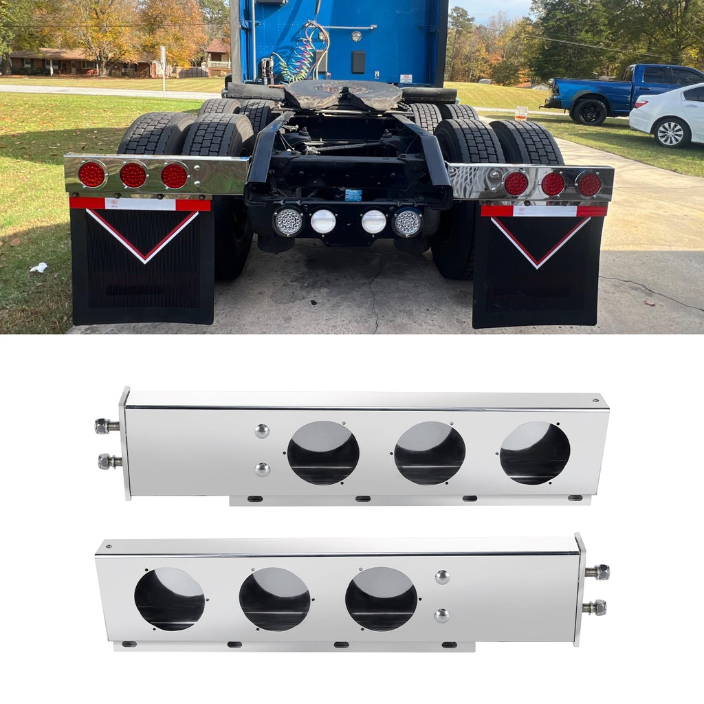 Polished Stainless Mud Flap Bracket Light Housing – 30" with 4" Round Cutouts – Pair