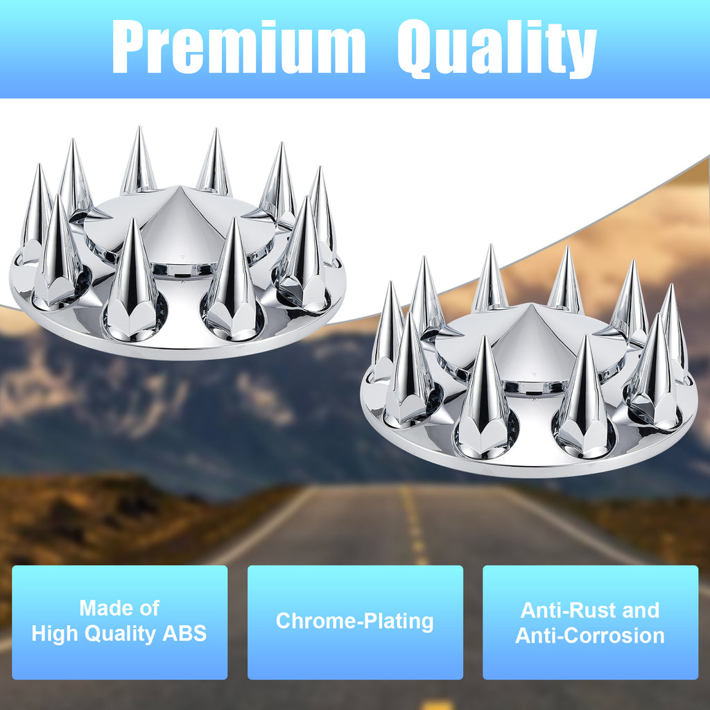 Chrome Spiked Front Axle Hub Cover Set for Semi Trucks – Push-On, 33 mm, 2-Piece Kit with Install Tool (PL-03-PUSH-FT)