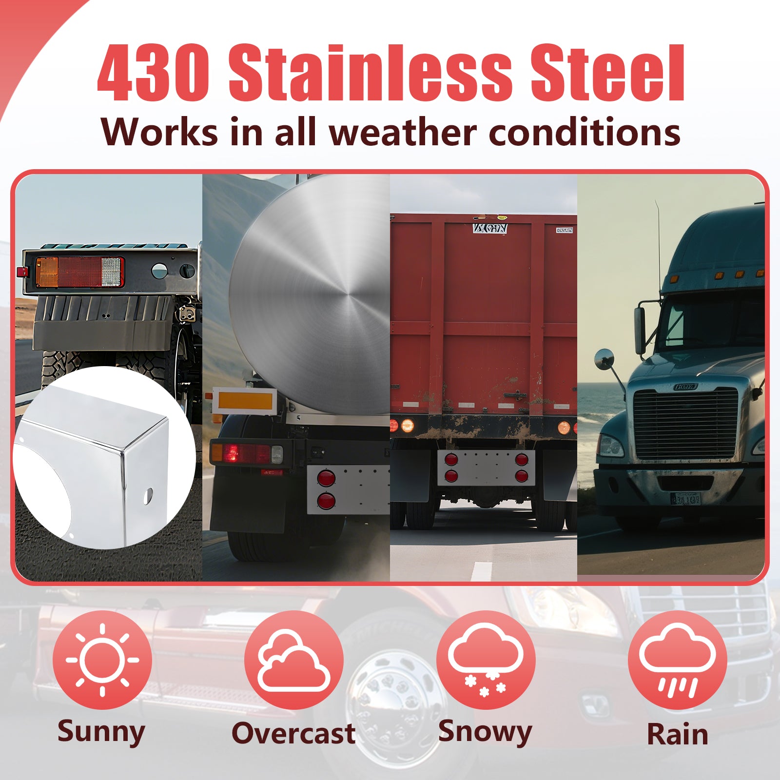 34" Chrome Stainless Steel Rear Center Light Panel for Semi Trucks – 4 Large Corner Lights + Mini LED Holes (PR-9009SS)