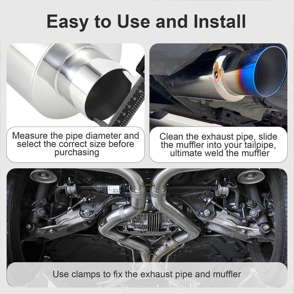 Cannon-Style Stainless Performance Muffler – Burnt-Blue Titanium-Look Tip – Universal Fit, 2", 2.25", 2.5", 3" Inlet (B Series)