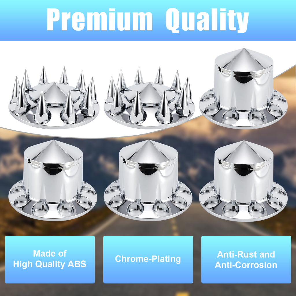 Chrome Spiked Complete Wheel Hub Cover Kit for Semi Trucks – 2 Front + 4 Rear Axle Covers + 60× 33 mm Push-On Nut Covers + Install Tool (PL-03-PUSH-WH)