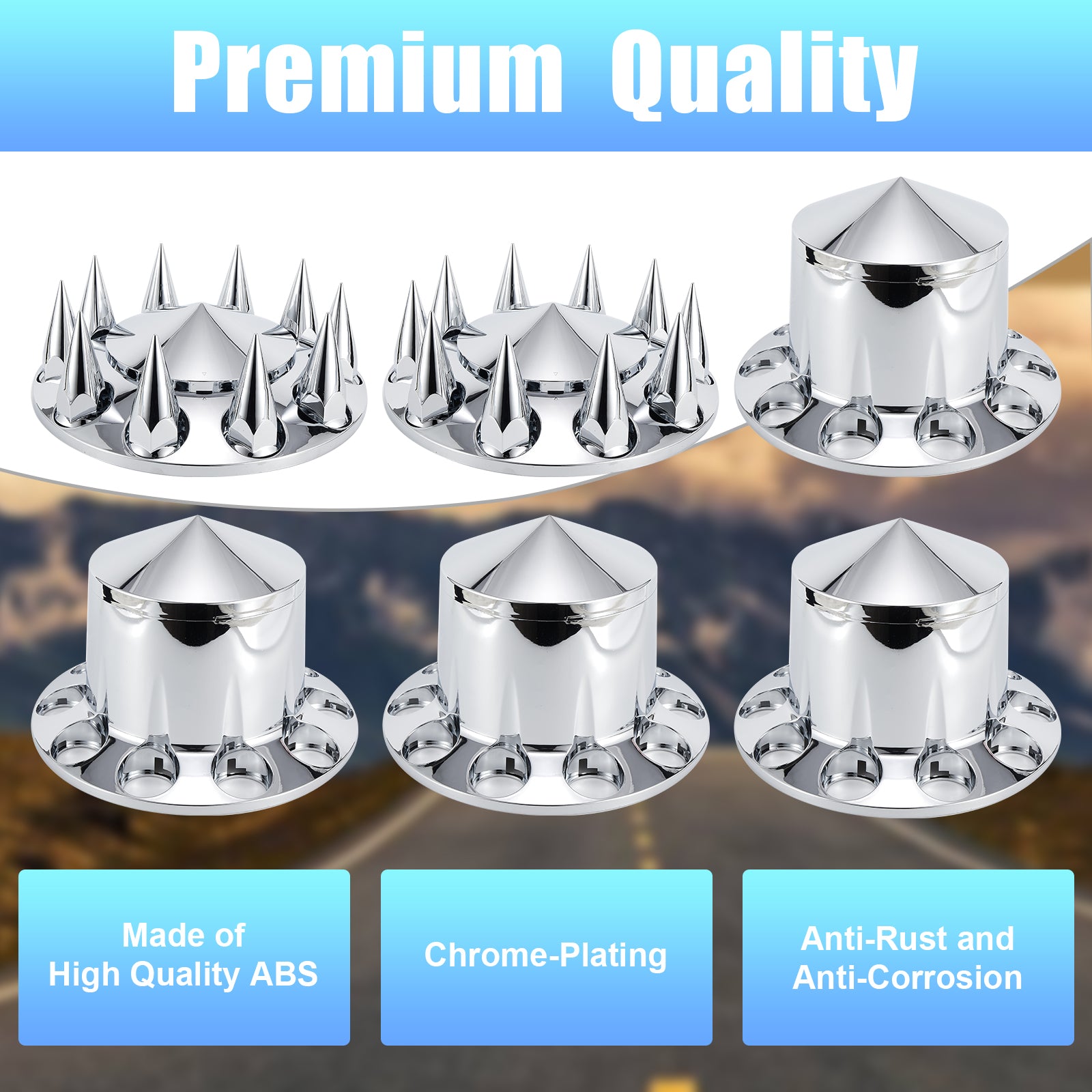 Chrome Spiked Complete Wheel Hub Cover Kit for Semi Trucks – 2 Front + 4 Rear Axle Covers + 60× 33 mm Push-On Nut Covers + Install Tool (PL-03-PUSH-WH)