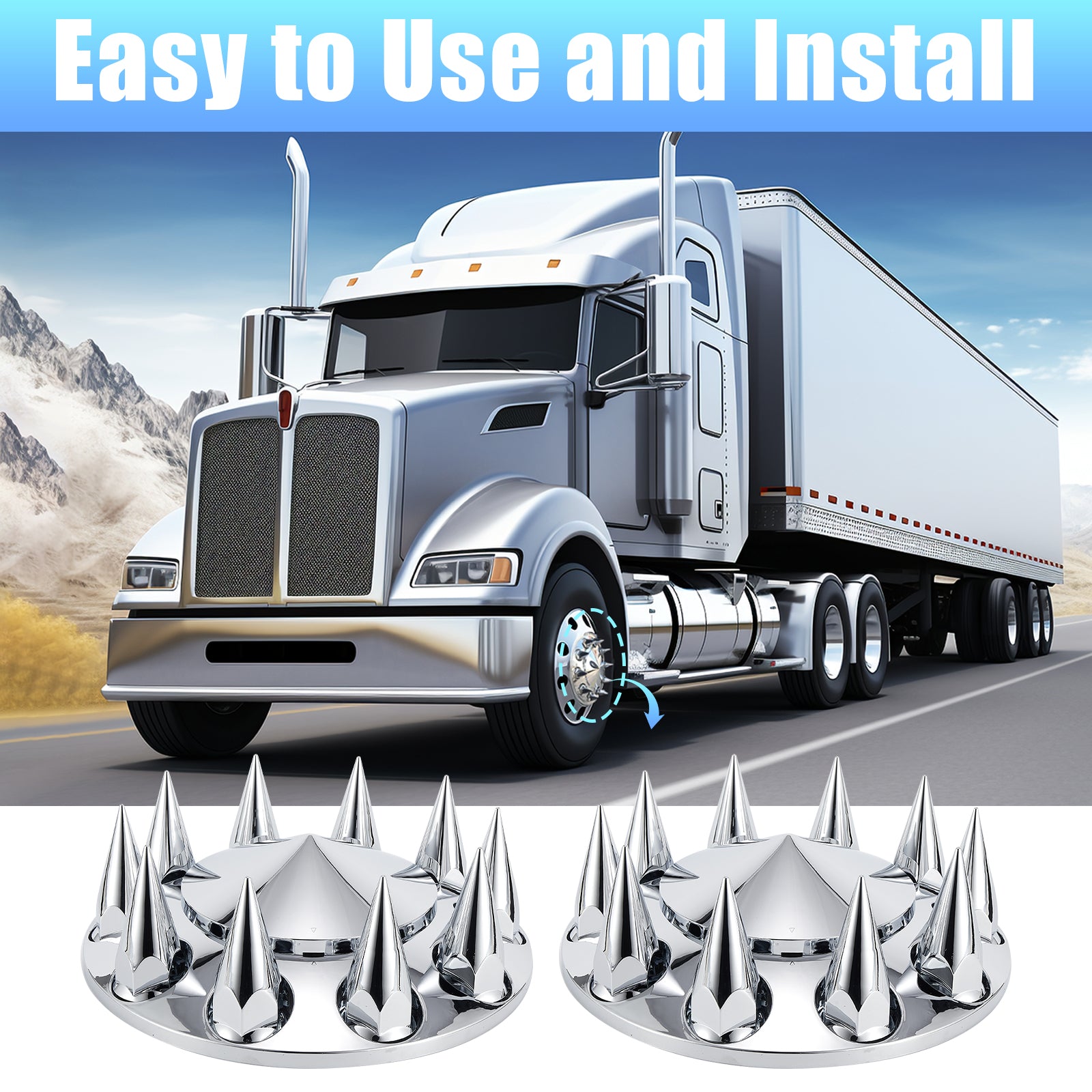 Chrome Spiked Front Axle Hub Cover Set for Semi Trucks – Push-On, 33 mm, 2-Piece Kit with Install Tool (PL-03-PUSH-FT)