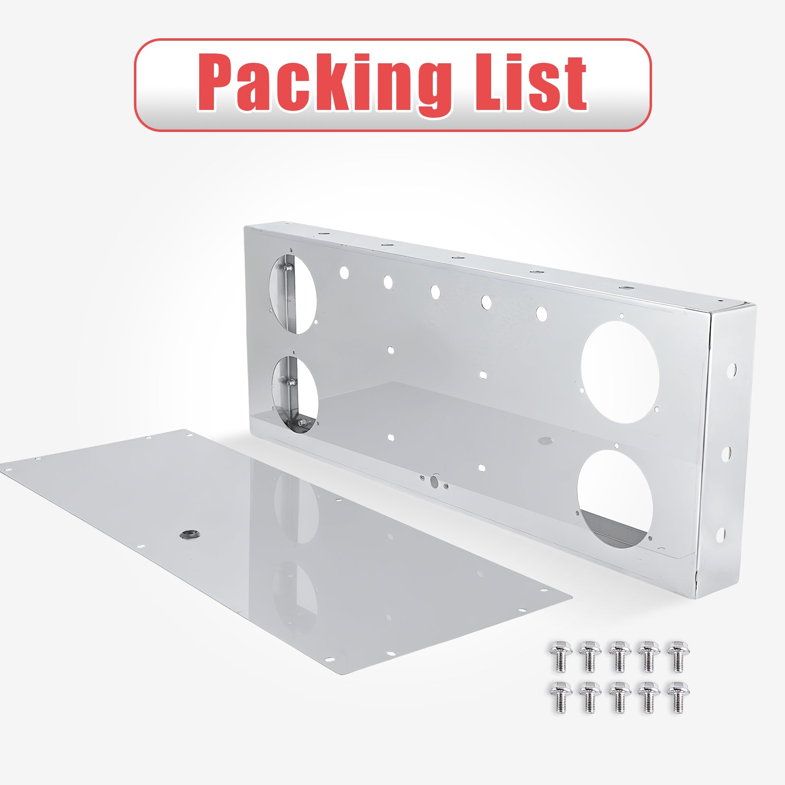 34" Chrome Stainless Steel Rear Center Light Panel for Semi Trucks – 4 Large Corner Lights + Mini LED Holes (PR-9009SS)