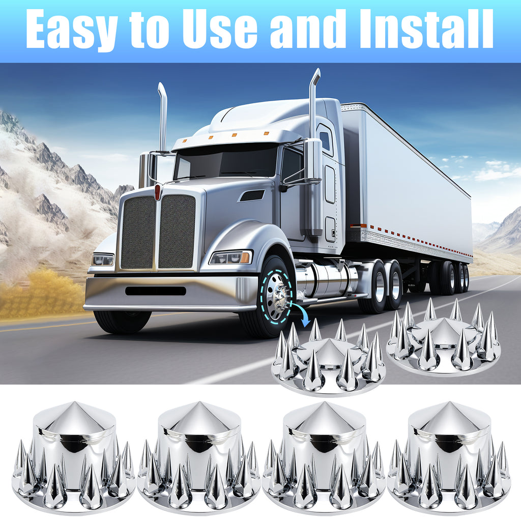 Chrome Spiked Complete Wheel Hub Cover Kit for Semi Trucks – 2 Front + 4 Rear Axle Covers + 60× 33 mm Push-On Nut Covers + Install Tool (PL-03-PUSH-WH)