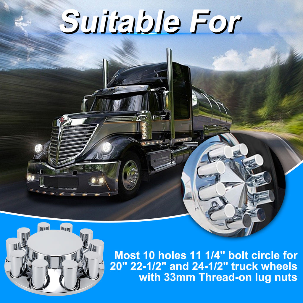 Chrome Smooth-Dome Screw-On Front Axle Hub Cover Kit for Semi Trucks – 33 mm, 2 Front Covers + 20 Spare Nut Covers + Install Tool (PL-05-SCREW-FT)