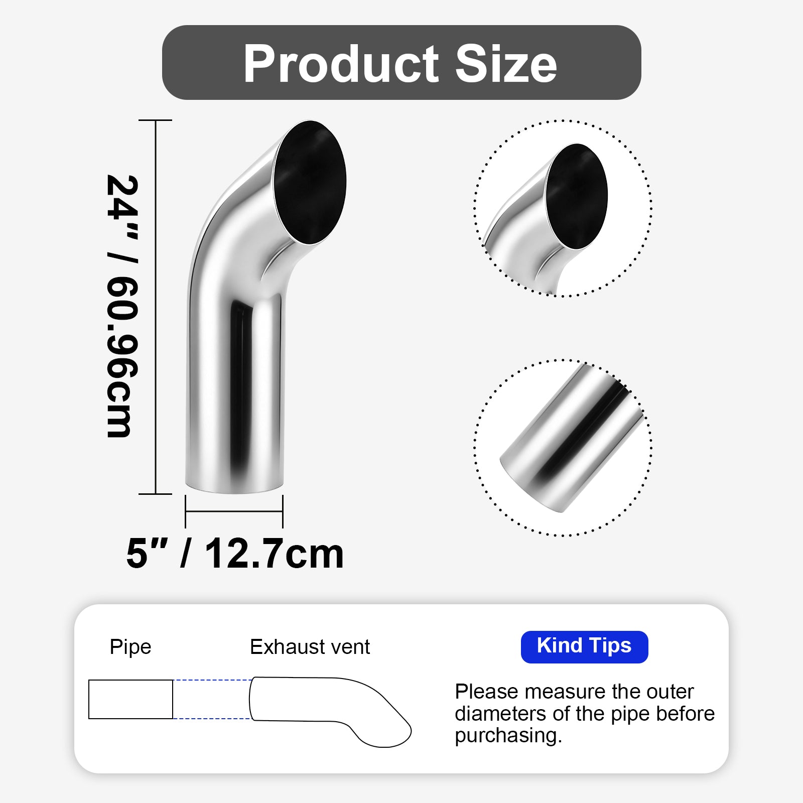 Chrome Curved Exhaust Stack – 5" Diameter – 18", 24", 36", 48", 60" Lengths – Truck Smokestack
