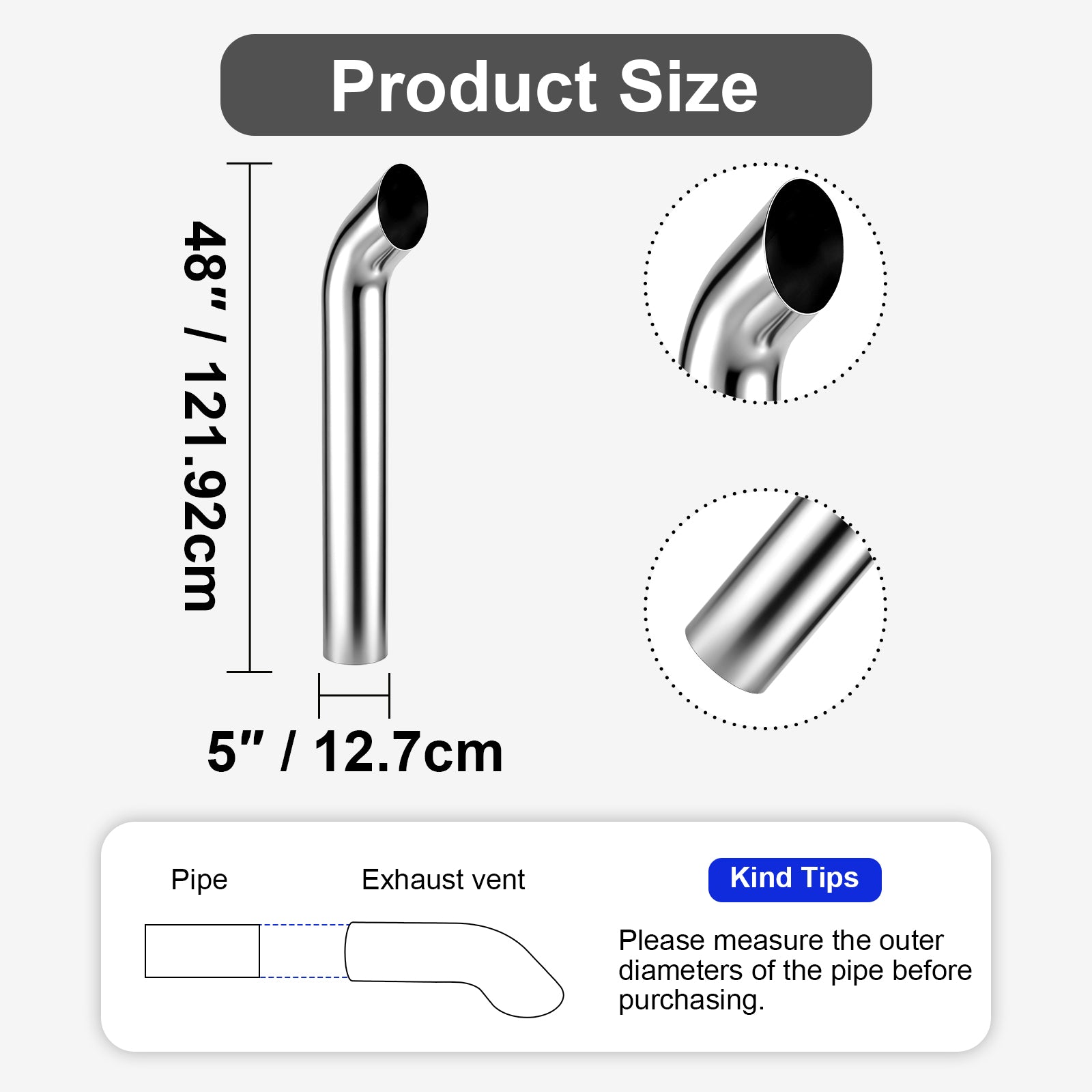 Chrome Curved Exhaust Stack – 5" Diameter – 18", 24", 36", 48", 60" Lengths – Truck Smokestack