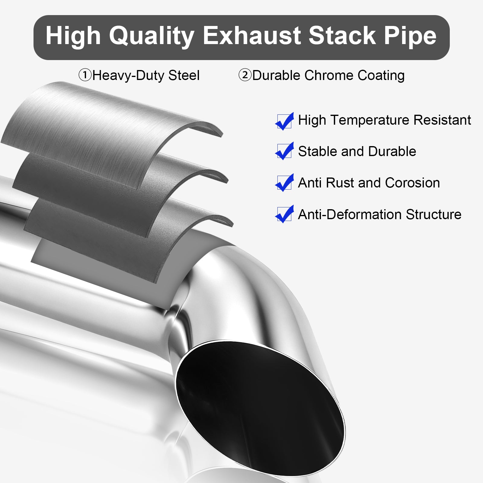 Chrome Curved Exhaust Stack – 6" Diameter – 18", 24", 36", 48" Lengths – Truck Smokestack