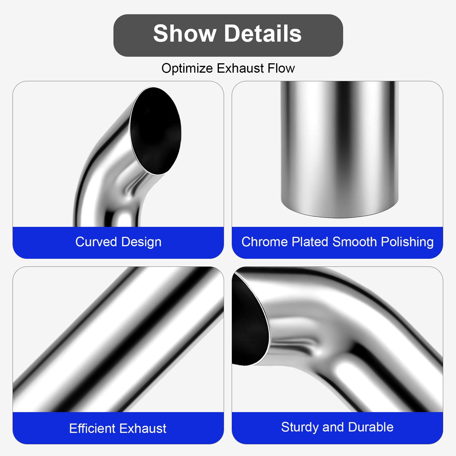 Chrome Curved Exhaust Stack – 6" Diameter – 18", 24", 36", 48" Lengths – Truck Smokestack