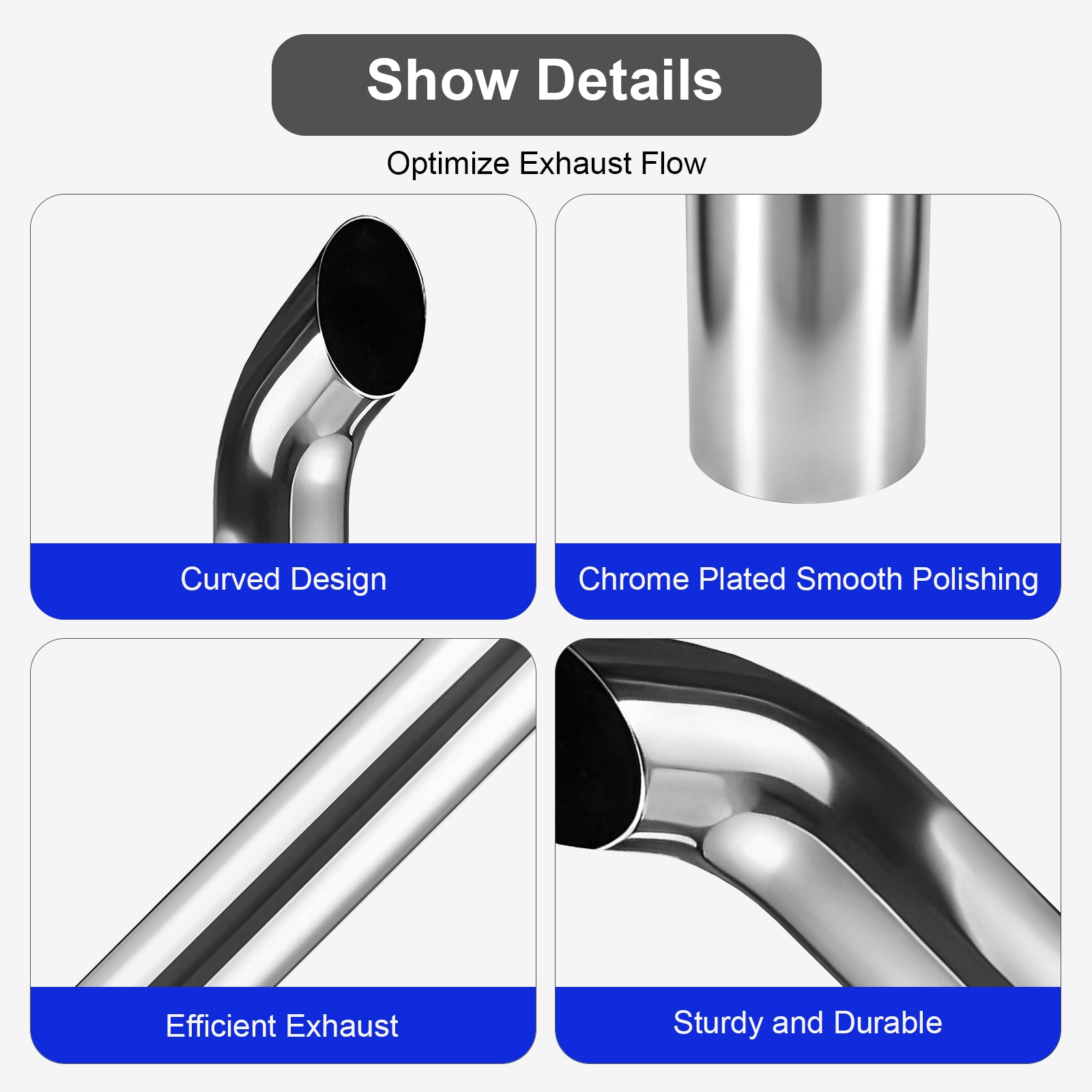 Chrome Curved Exhaust Stack – 6" Diameter – 18", 24", 36", 48" Lengths – Truck Smokestack