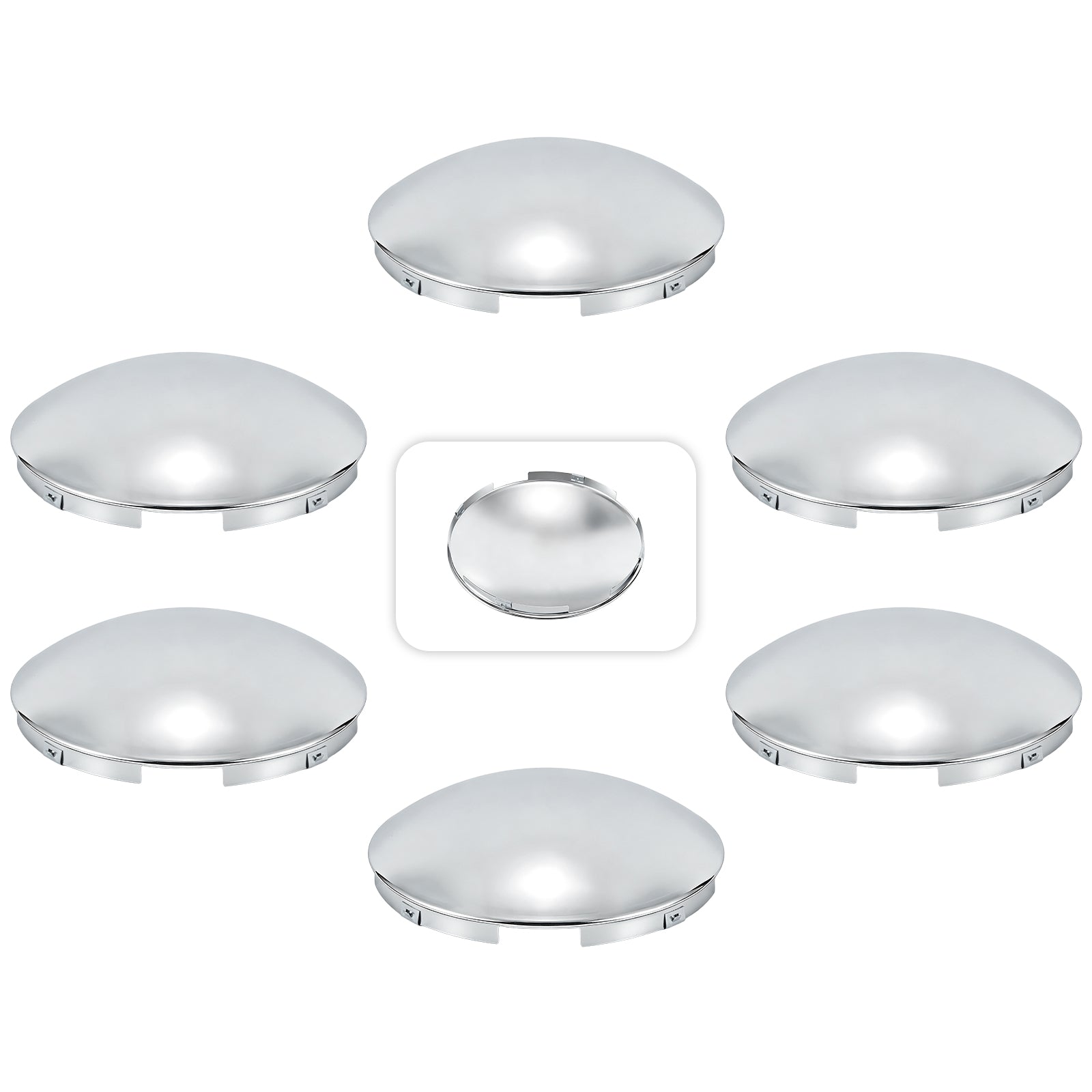 Chrome Front Axle Hub Cover – Dome Style, 4 Clips – 8.9" OD / 8.6" ID (H1F85N4-H50)