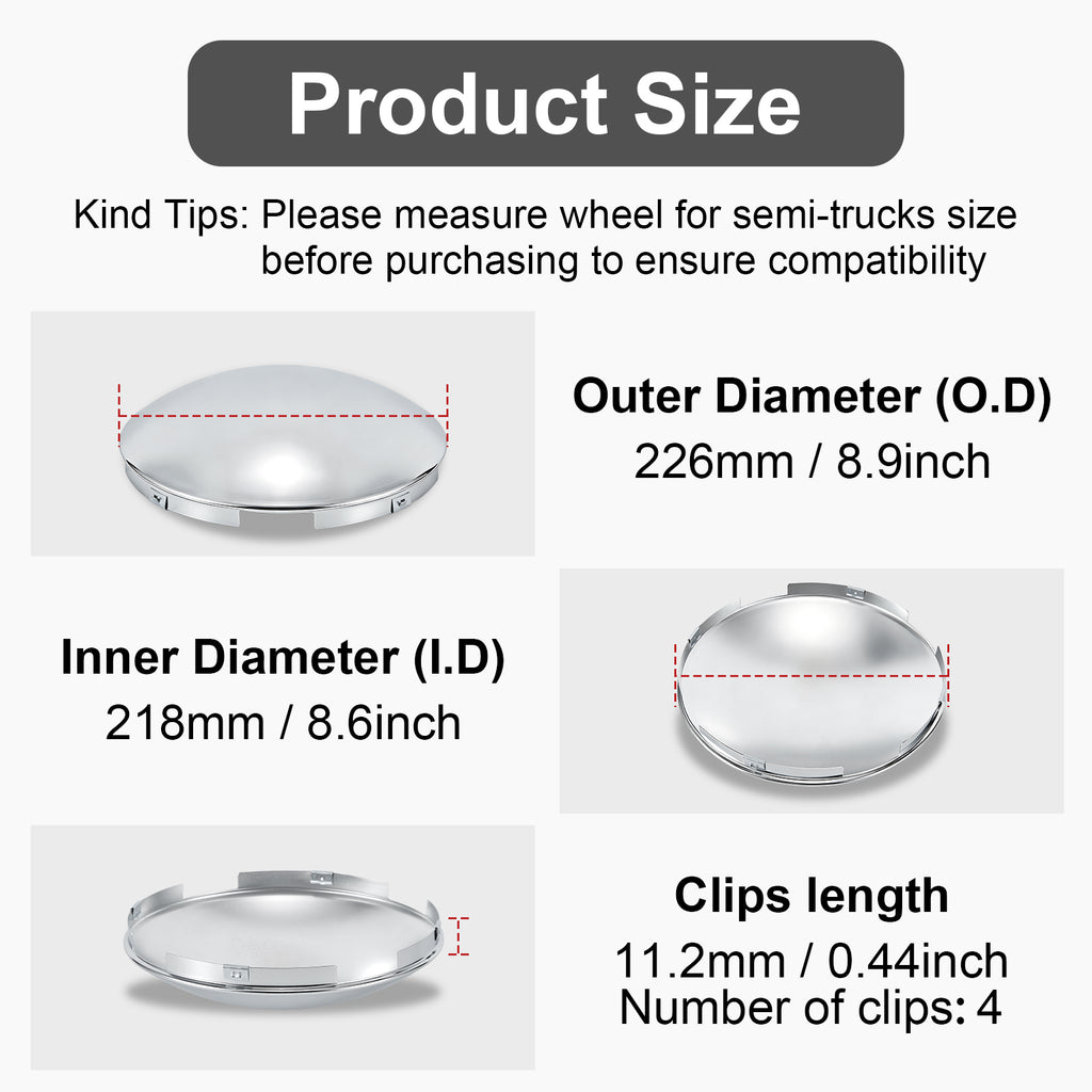 Chrome Front Axle Hub Cover – Dome Style, 4 Clips – 8.9" OD / 8.6" ID (H1F85N4-H50)