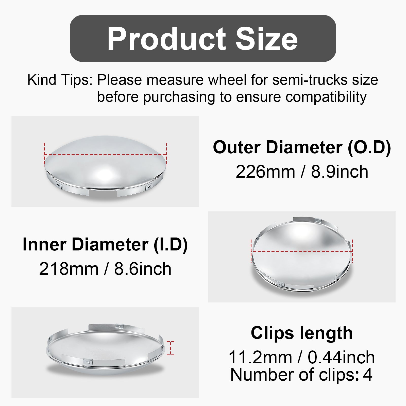 Chrome Front Axle Hub Cover – Dome Style, 4 Clips – 8.9" OD / 8.6" ID (H1F85N4-H50)