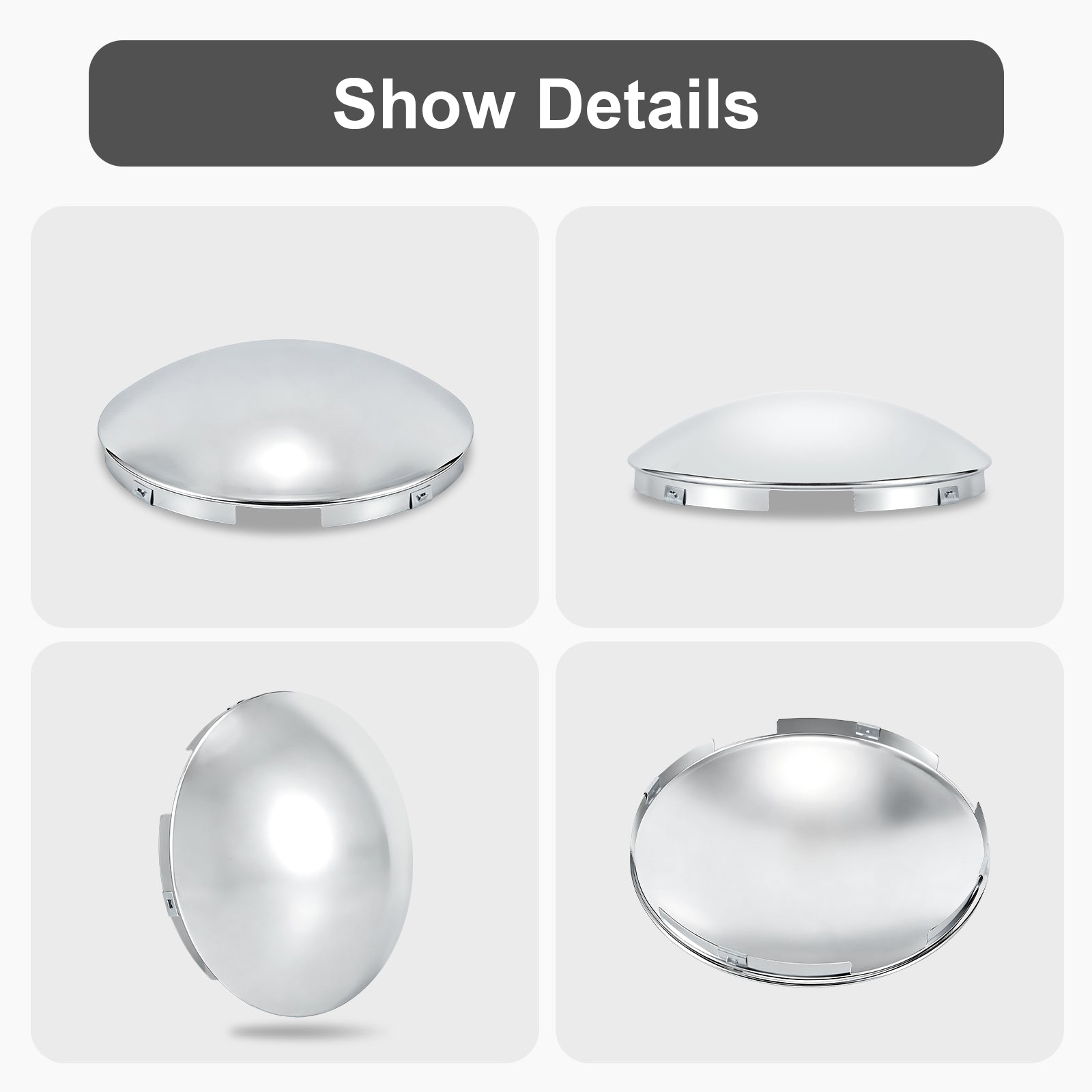 Chrome Front Axle Hub Cover – Dome Style, 4 Clips – 8.9" OD / 8.6" ID (H1F85N4-H50)