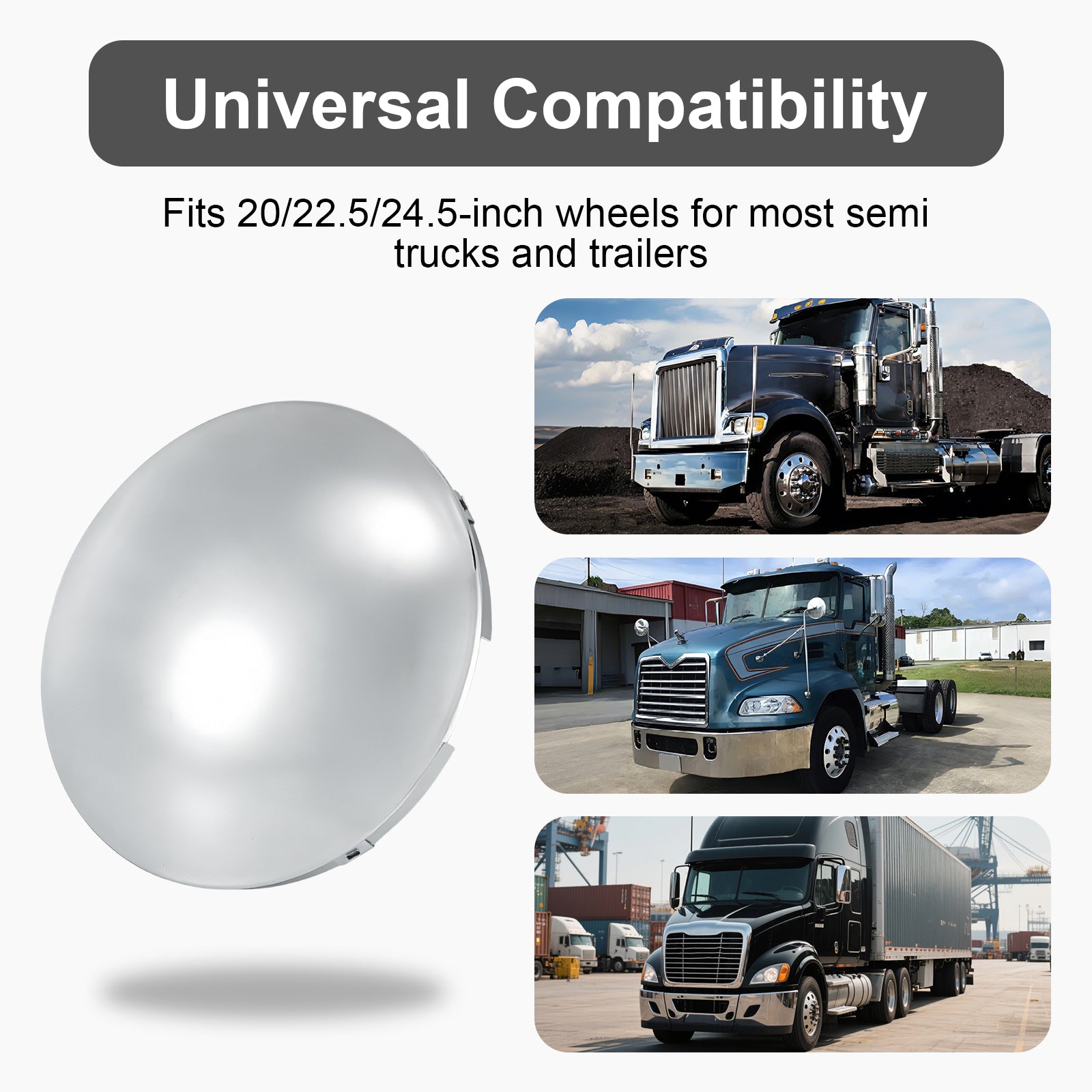 Chrome Front Axle Hub Cover – Dome Style, 4 Clips – 8.9" OD / 8.6" ID (H1F85N4-H50)