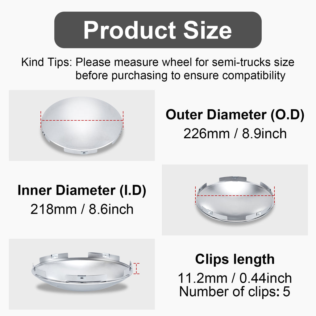 Chrome Front Axle Hub Cover – Dome Style, 5 Clips – 8.9" OD / 8.6" ID (H1F85N5-H51)