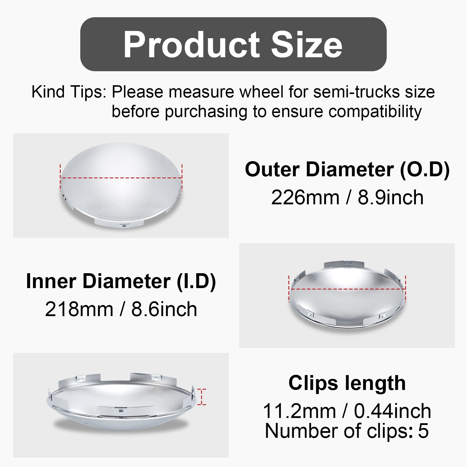 Chrome Front Axle Hub Cover – Dome Style, 5 Clips – 8.9" OD / 8.6" ID (H1F85N5-H51)