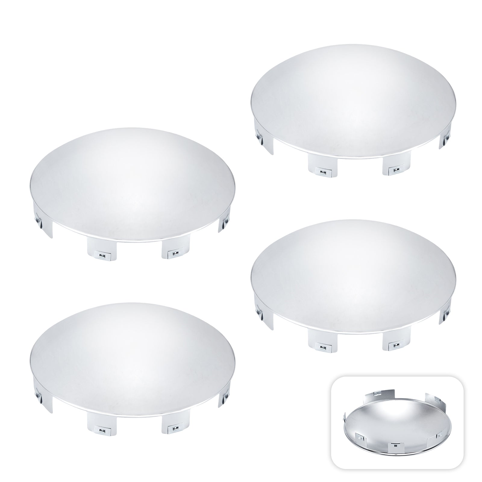 Chrome Front Axle Hub Cover – Dome Style, 6 Clips (Deep Skirt) – 8.9" OD / 8.6" ID (H1F85N6-H52)