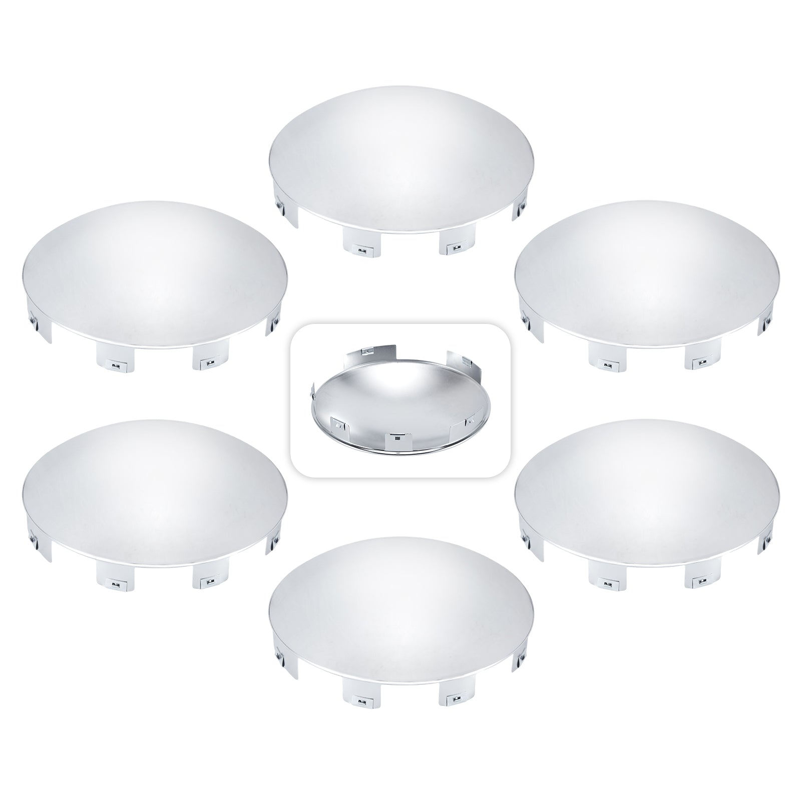 Chrome Front Axle Hub Cover – Dome Style, 6 Clips (Deep Skirt) – 8.9" OD / 8.6" ID (H1F85N6-H52)