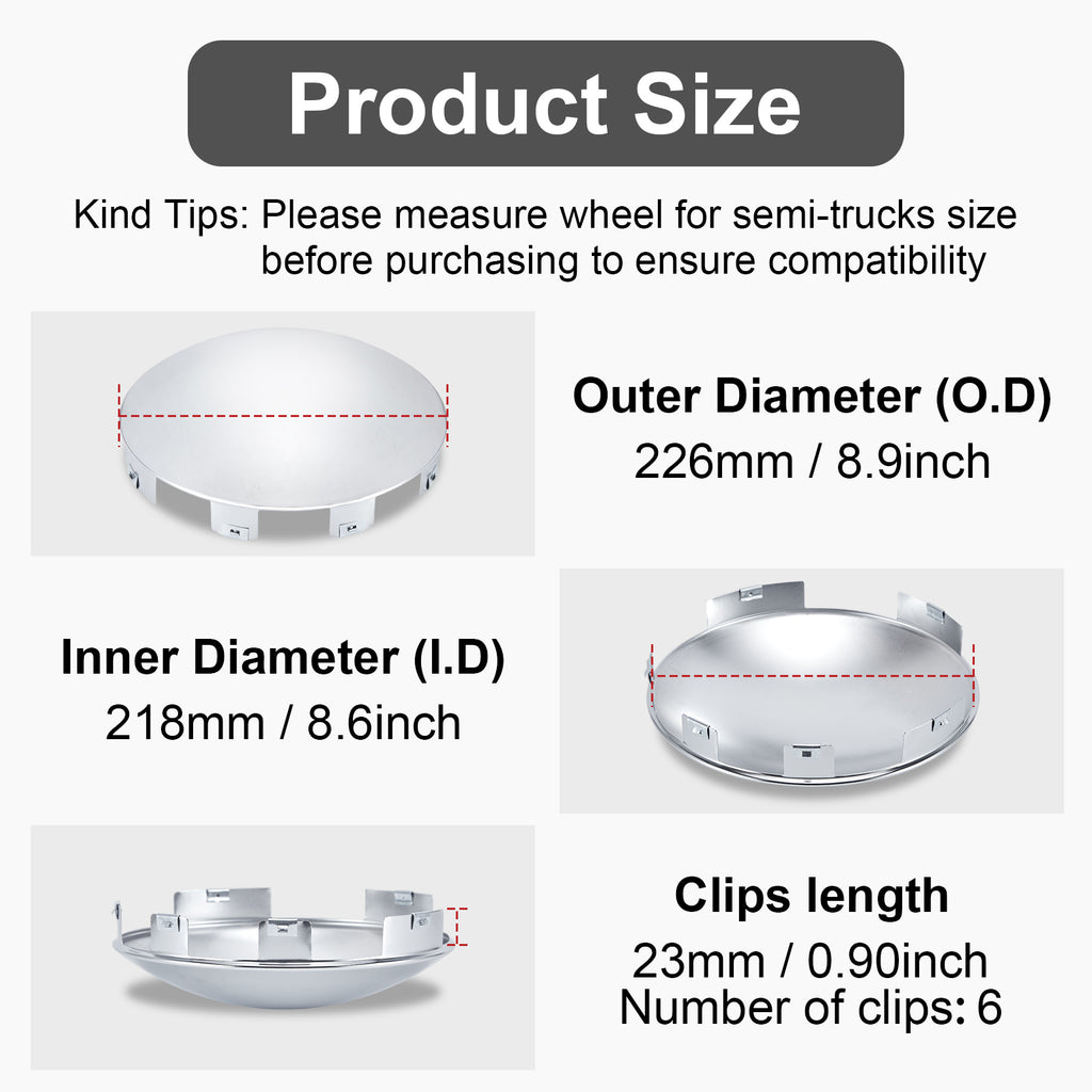 Chrome Front Axle Hub Cover – Dome Style, 6 Clips (Deep Skirt) – 8.9" OD / 8.6" ID (H1F85N6-H52)
