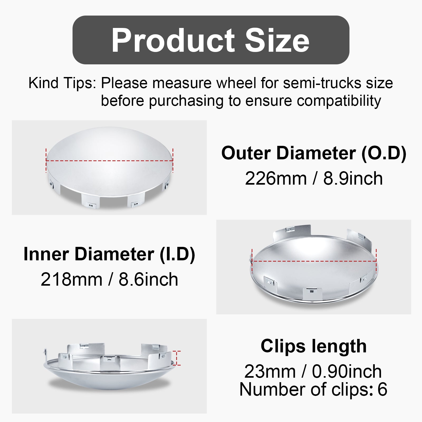 Chrome Front Axle Hub Cover – Dome Style, 6 Clips (Deep Skirt) – 8.9" OD / 8.6" ID (H1F85N6-H52)