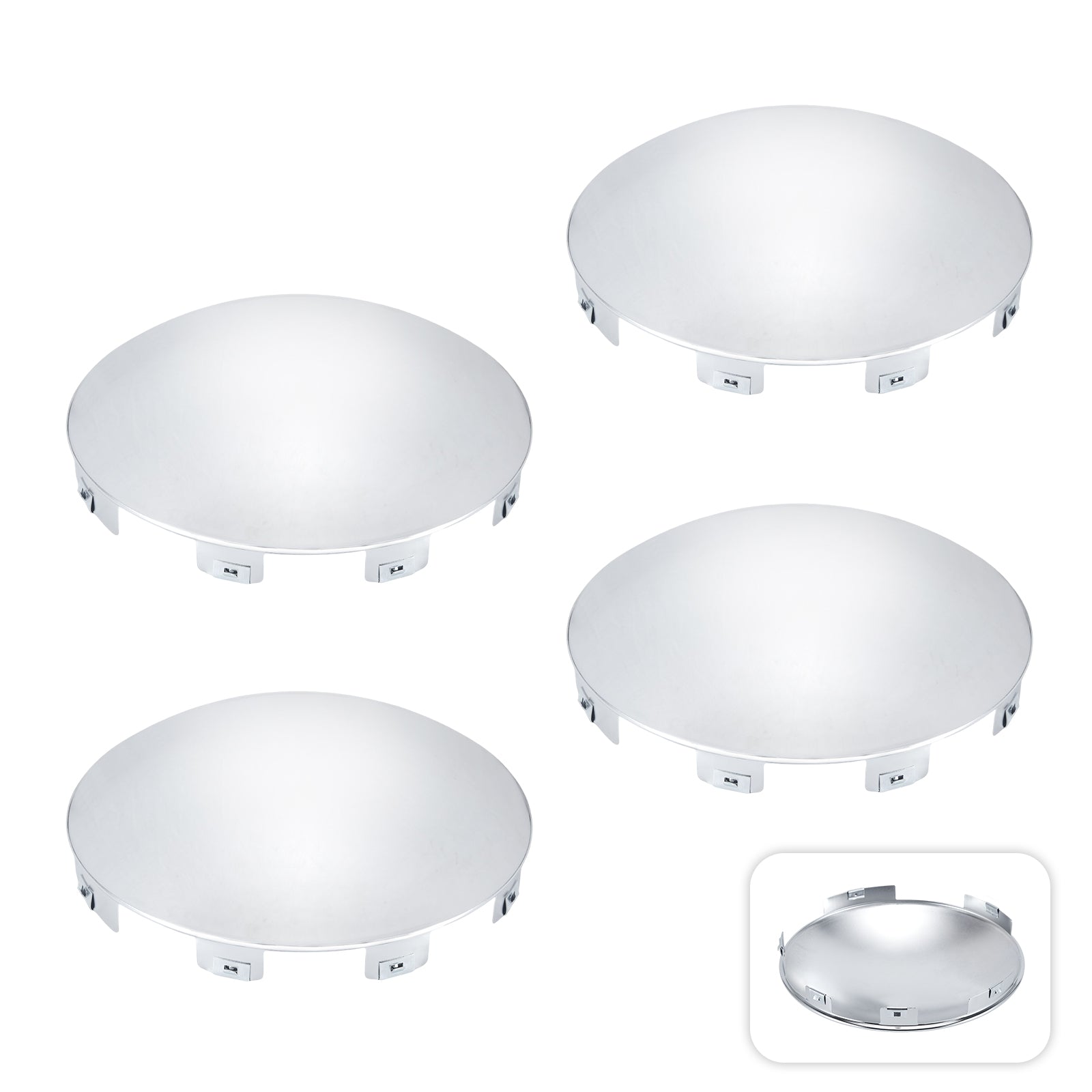 Chrome Front Axle Hub Cover – Dome Style, 6 Clips (Shallow Skirt) – 8.9" OD / 8.6" ID (H1F85N6-H53)