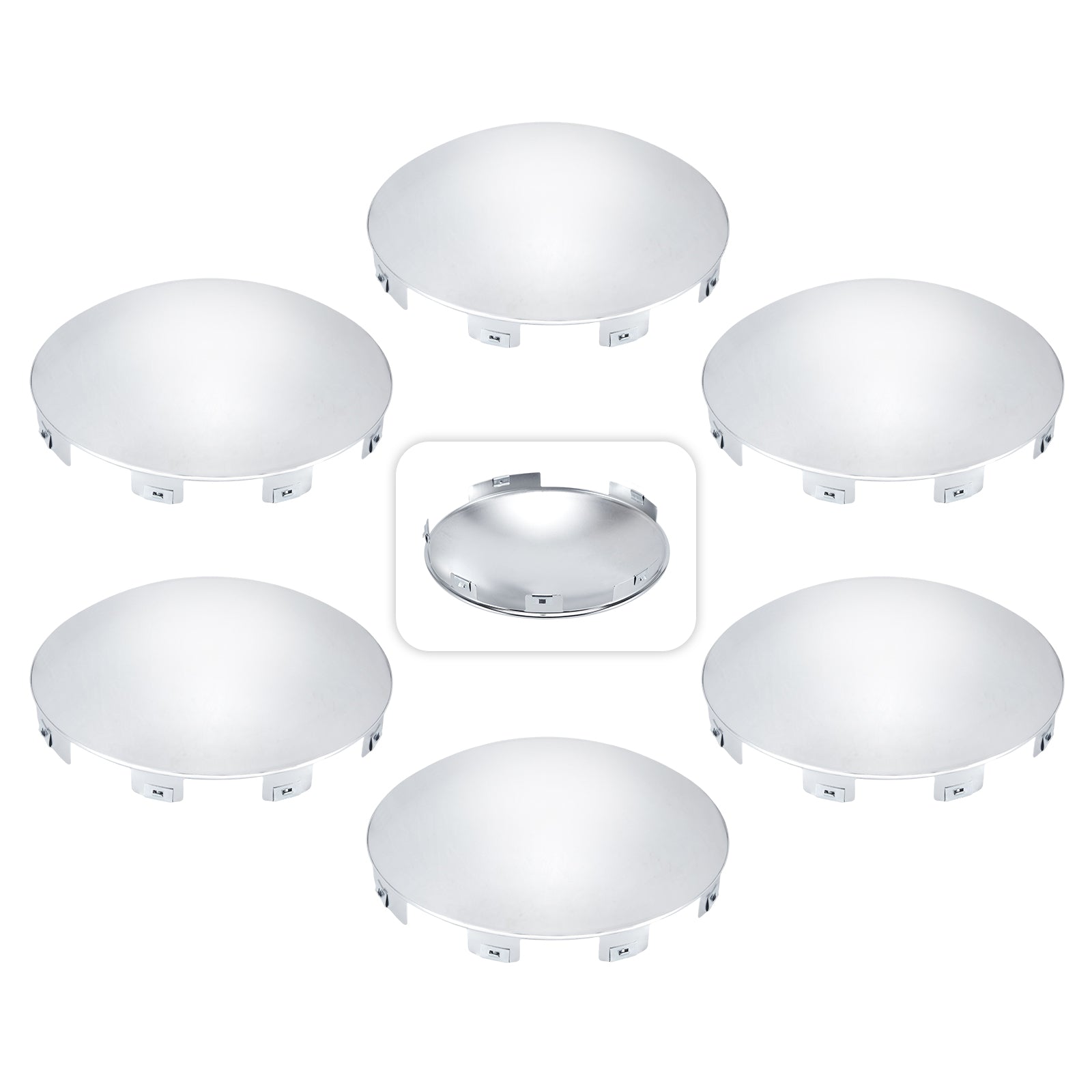 Chrome Front Axle Hub Cover – Dome Style, 6 Clips (Shallow Skirt) – 8.9" OD / 8.6" ID (H1F85N6-H53)