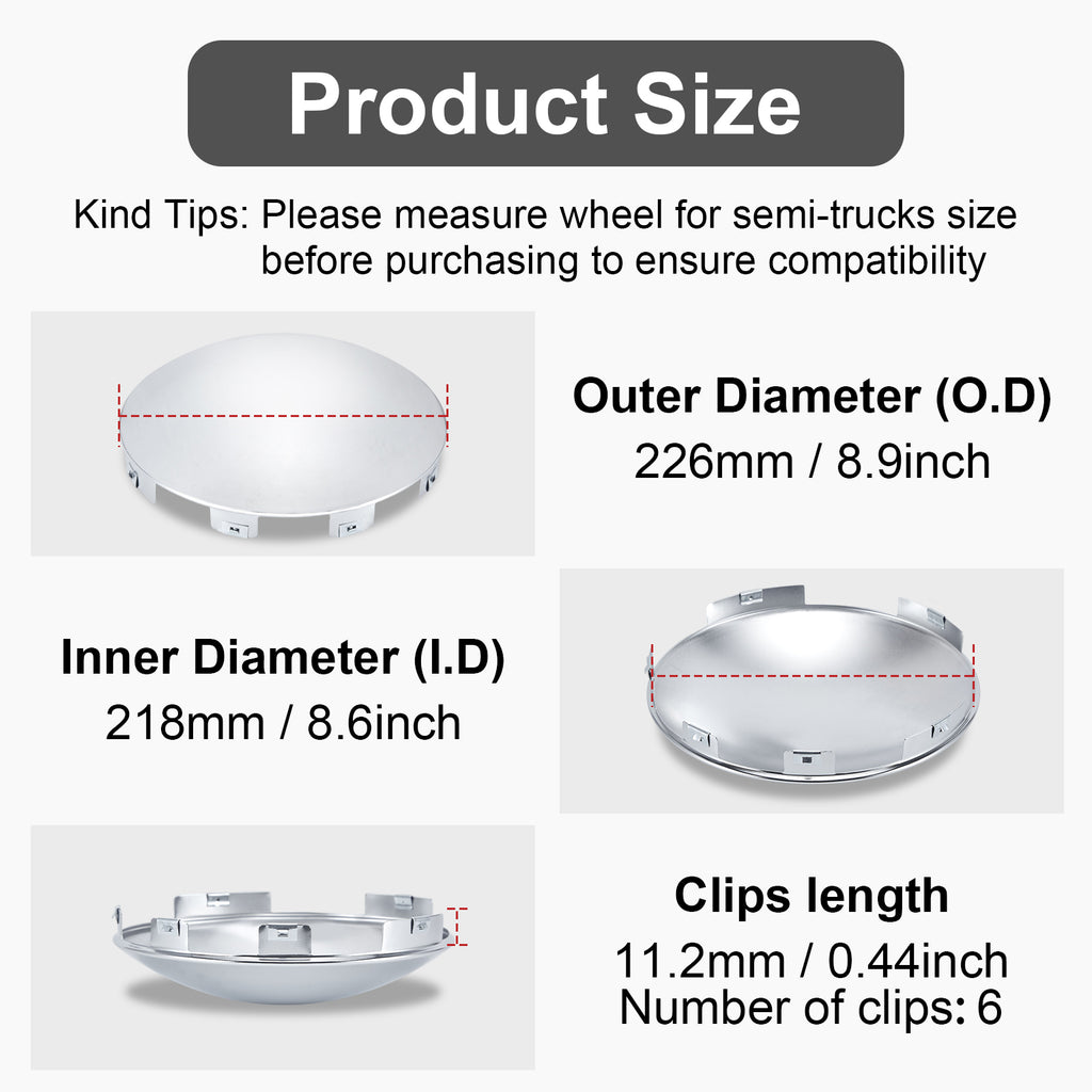Chrome Front Axle Hub Cover – Dome Style, 6 Clips (Shallow Skirt) – 8.9" OD / 8.6" ID (H1F85N6-H53)