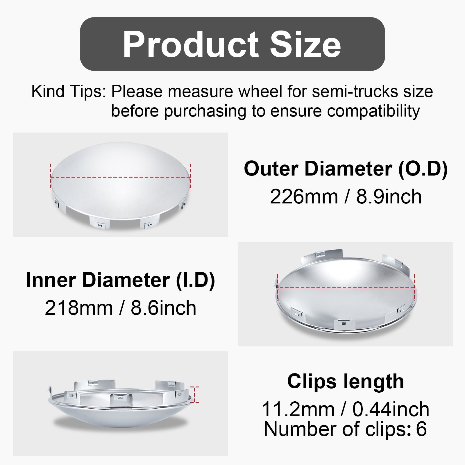 Chrome Front Axle Hub Cover – Dome Style, 6 Clips (Shallow Skirt) – 8.9" OD / 8.6" ID (H1F85N6-H53)
