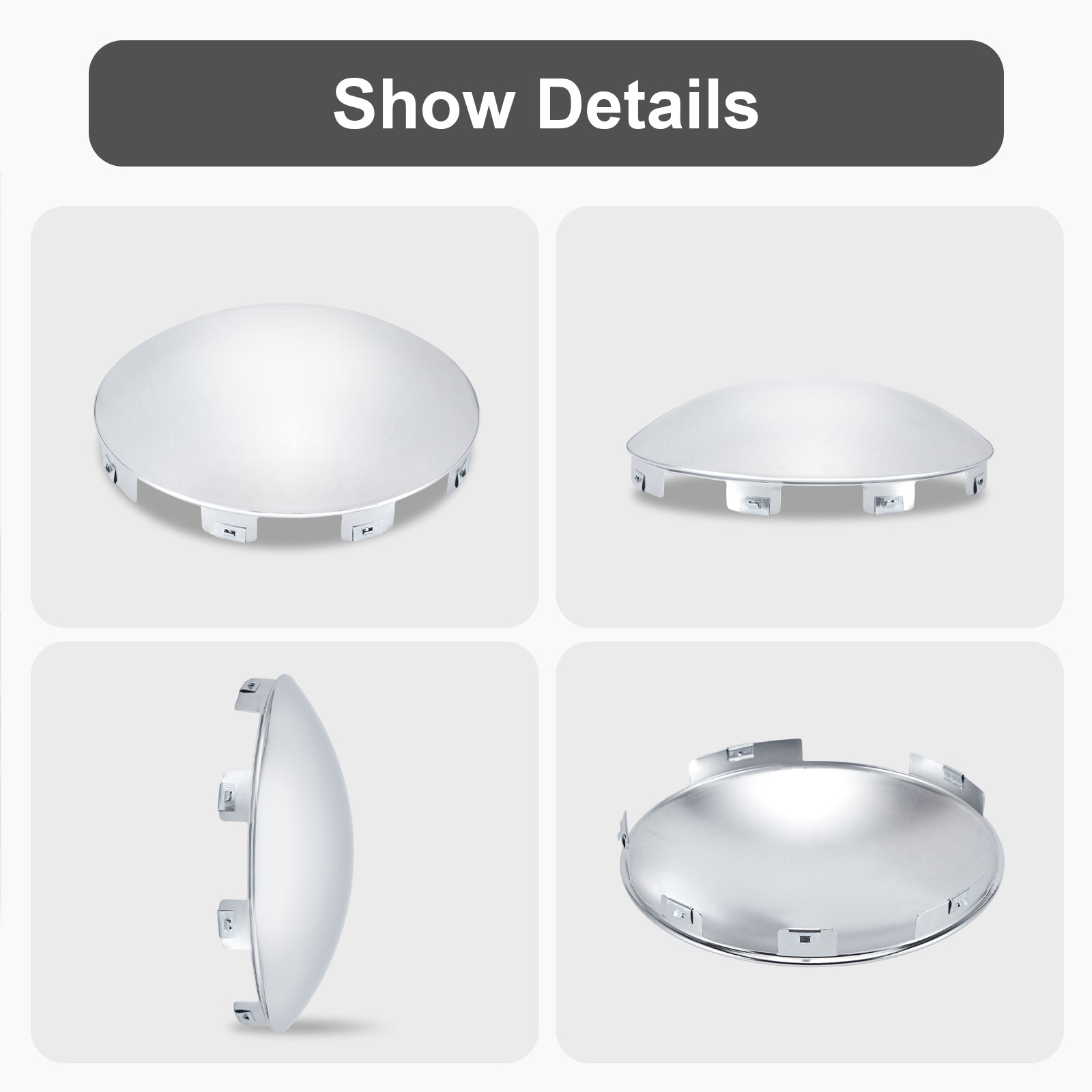 Chrome Front Axle Hub Cover – Dome Style, 6 Clips (Shallow Skirt) – 8.9" OD / 8.6" ID (H1F85N6-H53)
