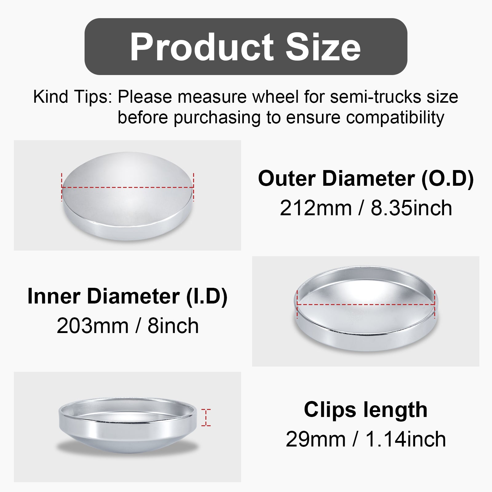Chrome Front Axle Hub Cover – Low-Profile Flat Dome – 8.35" OD / 8" ID (H1R8)