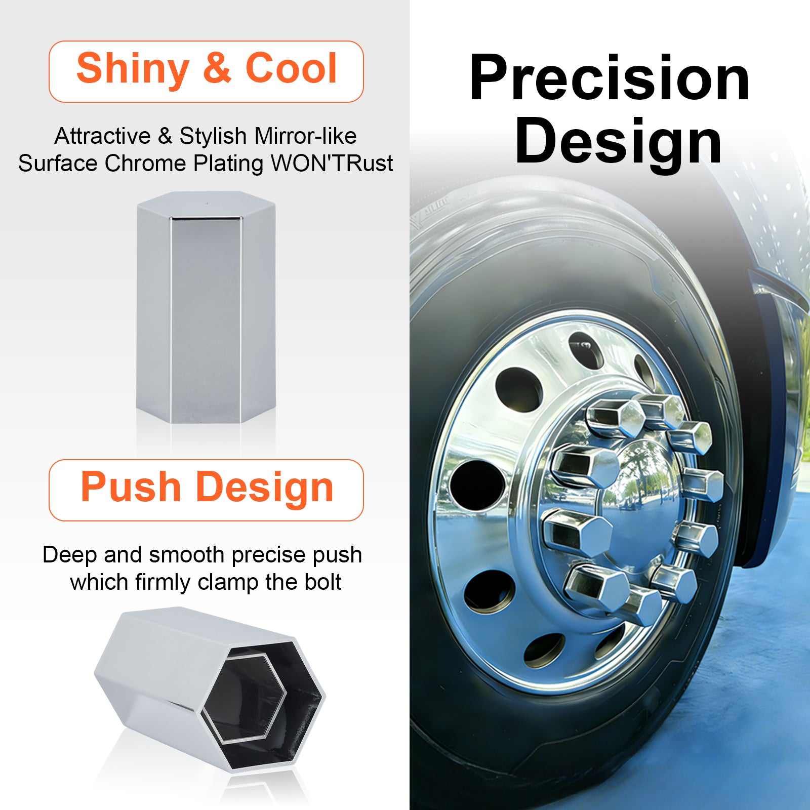 Chrome Hexagonal Push-On Lug Nut Covers – 33 mm – 20 / 40 / 60 Pack (HBC06 Push)