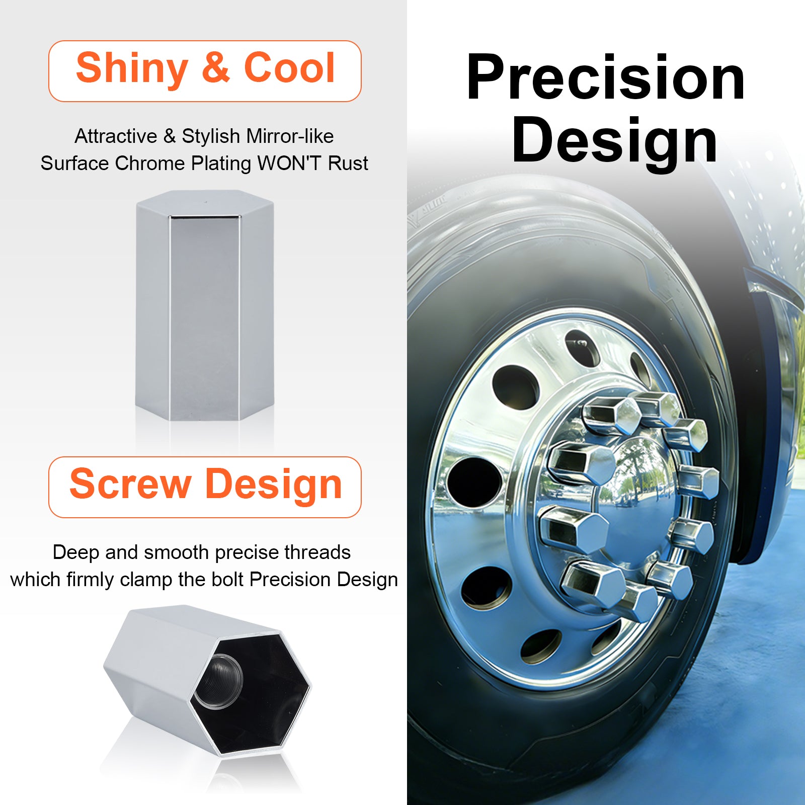 Chrome Hexagonal Screw-On Lug Nut Covers – 33 mm – 20 / 40 / 60 Pack (HBC06 Screw)