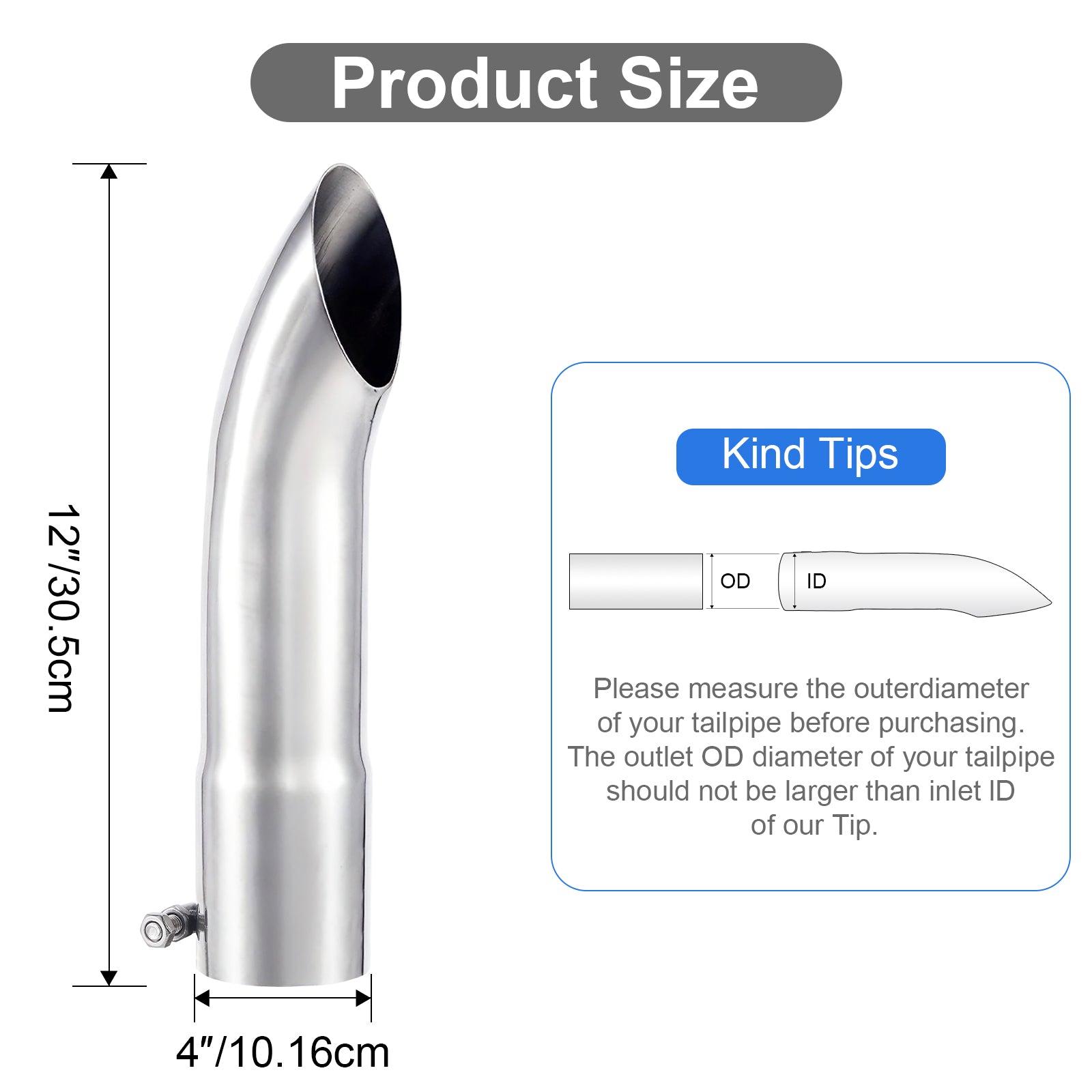 Chrome Turn-Down Exhaust Tip – 12" – 2.5", 3", 3.5", 4" – Stainless or Black