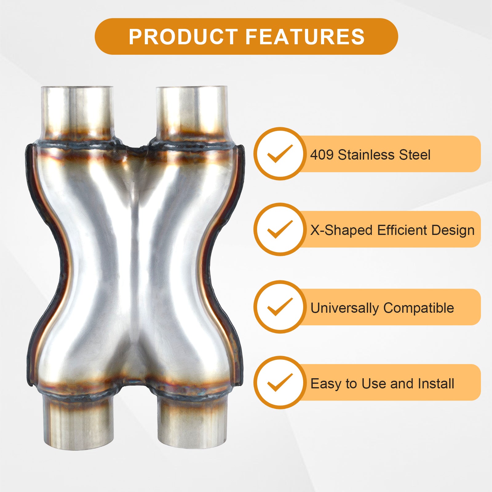 Stainless X-Pipe Crossover – Dual Inlet / Dual Outlet – 2.25", 2.5", 3"