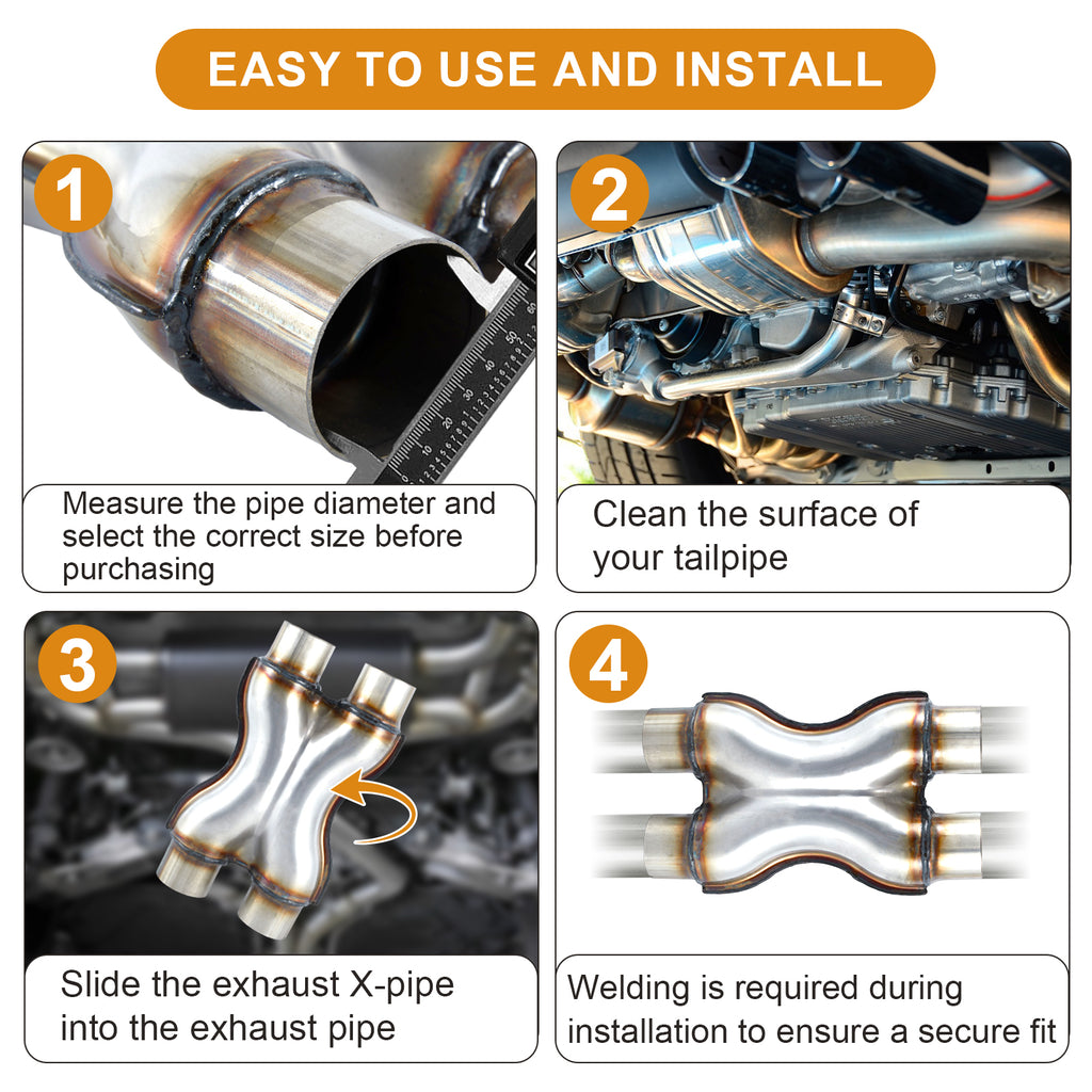 Stainless X-Pipe Crossover – Dual Inlet / Dual Outlet – 2.25", 2.5", 3"
