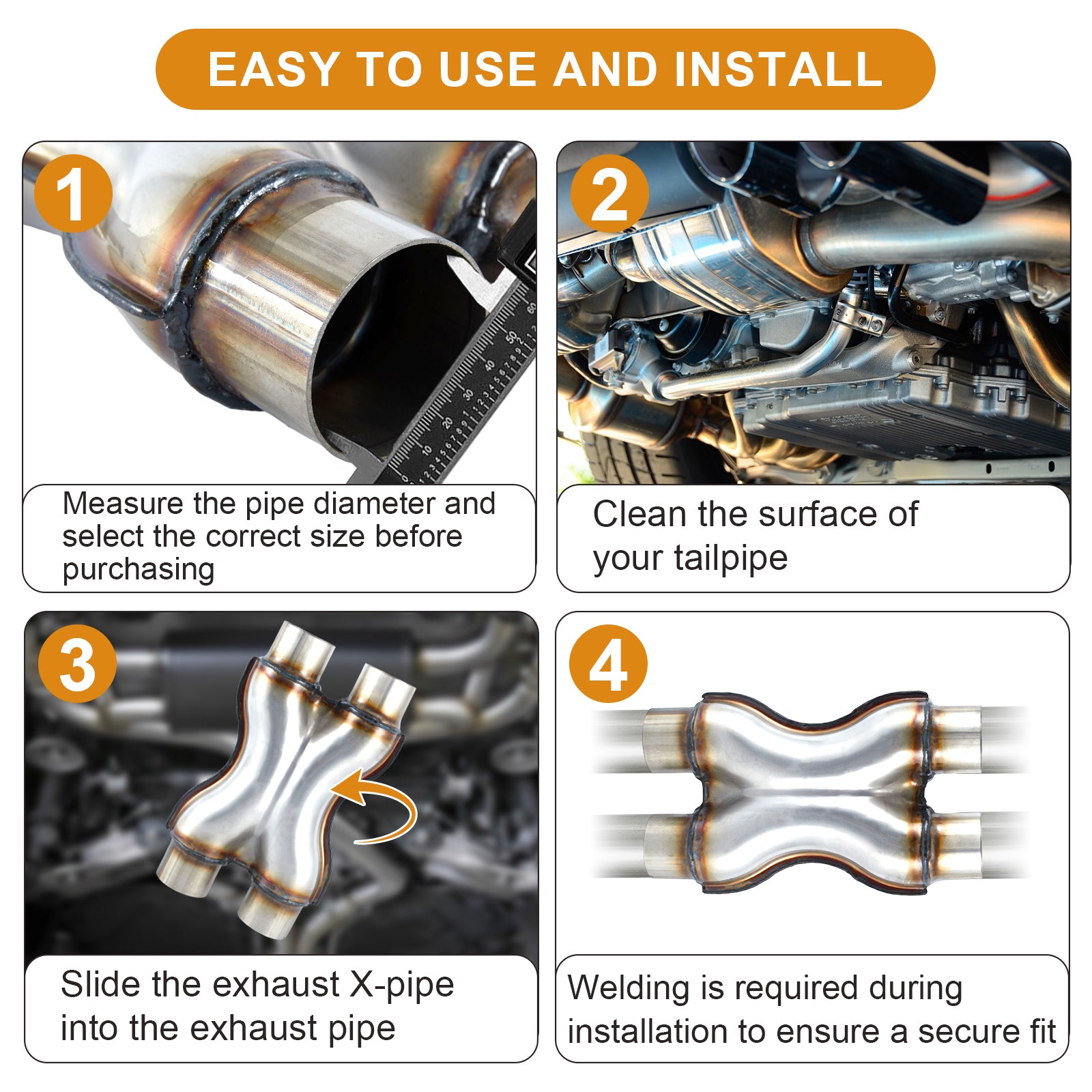 Stainless X-Pipe Crossover – Dual Inlet / Dual Outlet – 2.25", 2.5", 3"