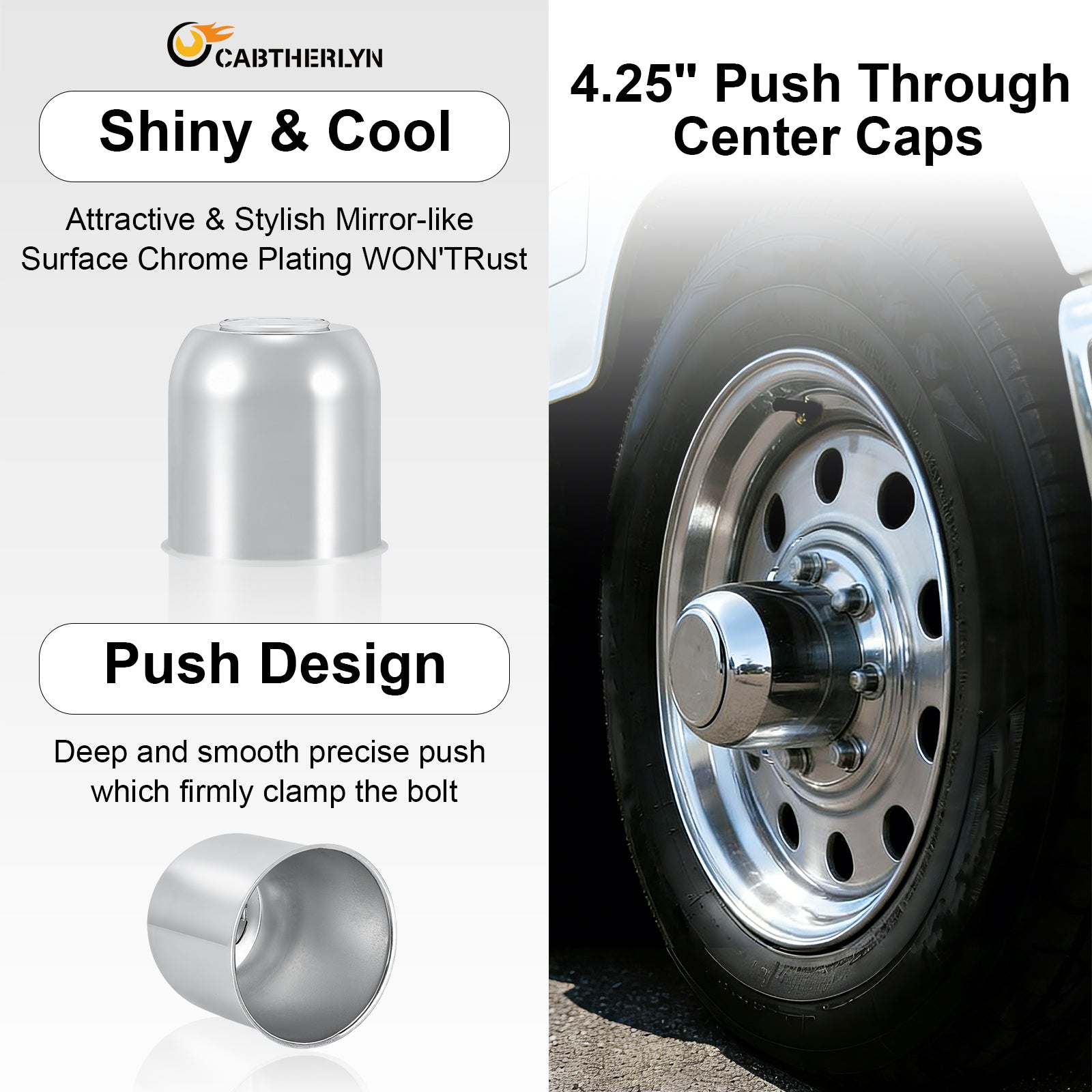 Push-On Axle Nut Cover – Dome Cylinder – 4.29" × 4.25" – Stainless or Black (LT8)